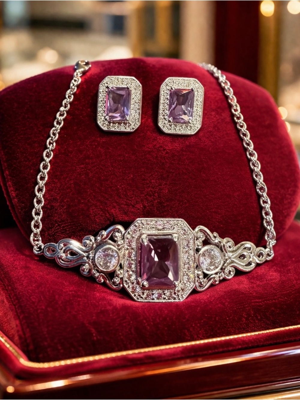 Art Deco Alexandrite Color Change Rare Bracelet and earrings Set Platinum Plated